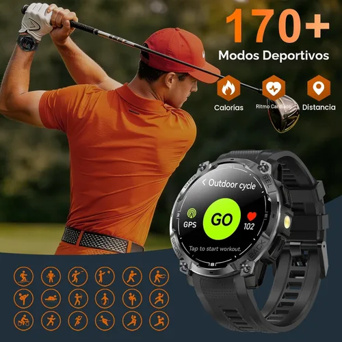 Vista 13 de Reloj inteligente militar resistente para hombre con GPS, reloj AMOLED de seguimiento de fitness de 1.43 pulgadas con llamada Bluetooth Negro