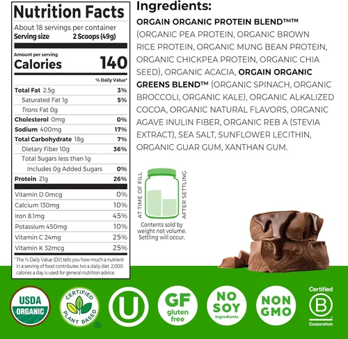 Vista 2 de Orgain - Proteína orgánica vegana en polvo + verduras, chocolate cremoso con sabor a budín de fresa - 21 g de proteína a base de plantas, sin