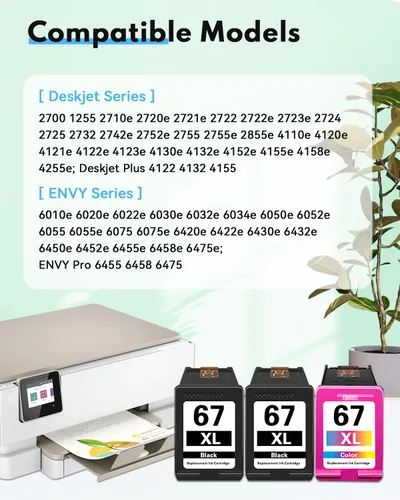 Vista 2 de 67XL - Cartucho de tinta de color negro (3 unidades, 2 negro/1 tricolor) de repuesto para HP 67 67XL cartucho de tinta para impresora Envy 6000e