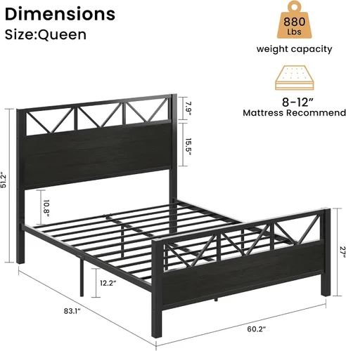 Vista 2 de LIKIMIO Base de cama Queen con cabecero industrial alto de 51.2 pulgadas, marco de cama de plataforma con soporte de metal fuerte, sólido y estable
