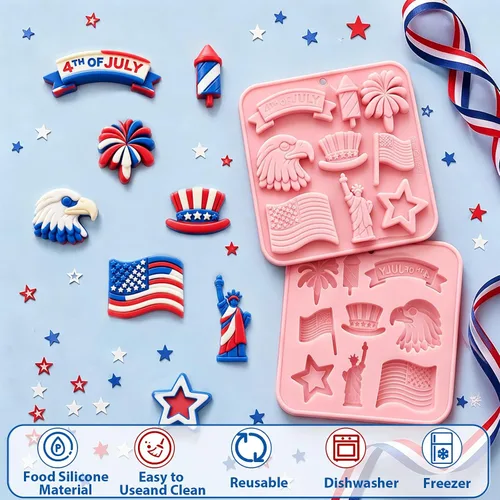 Vista 7 de Moldes de silicona para el 4 de julio, paquete de 2 moldes de chocolate para el Día de la Independencia, bandeja patriótica de silicona para dulces
