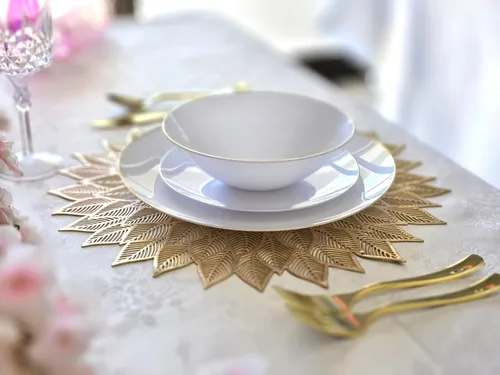Vista 2 de Paquete de 10 manteles individuales metálicos de vinilo prensado/mantel individual decorativo de boda (Dhalia-dorado mate)