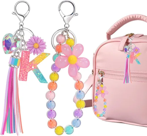 Vista 4 de PinkSheep Llaveros para niñas y mujeres, 2 llaveros personalizados, mochila para automóvil, llavero de flores, accesorios