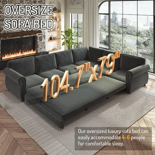 Vista 4 de Sofá cama seccional en forma de L de 6 asientos, sofá extraíble de chenilla gris Gris oscuro