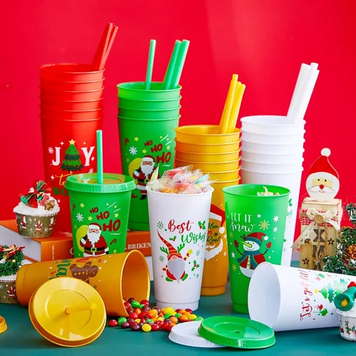 Vista 4 de 32 vasos de plástico de Navidad con tapas y pajitas de 24 onzas, reutilizables, para fiestas de Navidad, vasos de plástico para suministros