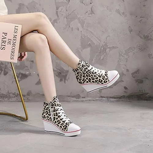 Vista 4 de Zapatos deportivos de tacón alto para mujer, zapatos de lona de moda de tubo alto, con cordones, borde de cuña, cremallera, ángulo, talla 4-11