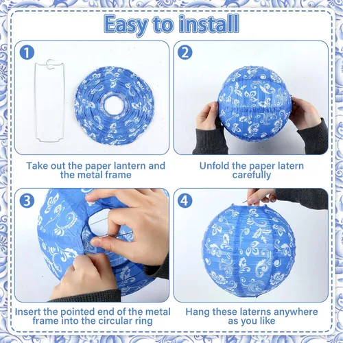 Vista 3 de Lonfliness 15 linternas de papel chinoiserie de 10 pulgadas y 8 pulgadas de porcelana azul y blanca colgantes, decoración de fiesta, farol redondo