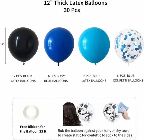 Vista 4 de ANSOMO Decoraciones de Fiesta de Cumpleaños Azul y Negro para Niños Hombres Pancarta Globos Azul Marino Azul Real Azul Claro Pompones Cortina