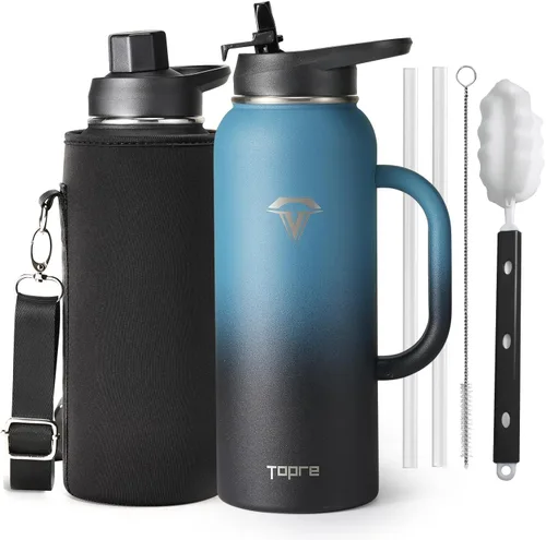 Vista 15 de Topre Botella de agua aislada de 32 onzas, botella de agua al vacío de acero inoxidable, sin BPA y a prueba de fugas - con asa de paracord, correa