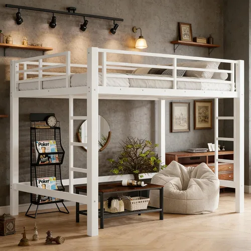 Vista 16 de Cama alta individual con escaleras, cama alta de metal individual con tapones antivibraciones y reducción de ruido, cama alta resistente