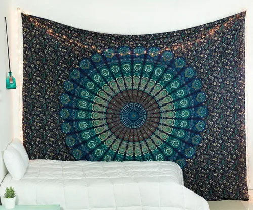 Vista 36 de Popular Handicrafts - Tapiz para colgar en la pared con diseño hippie de mandala bohemia, psicodélico, indio de pavo real, para meditación, gitano