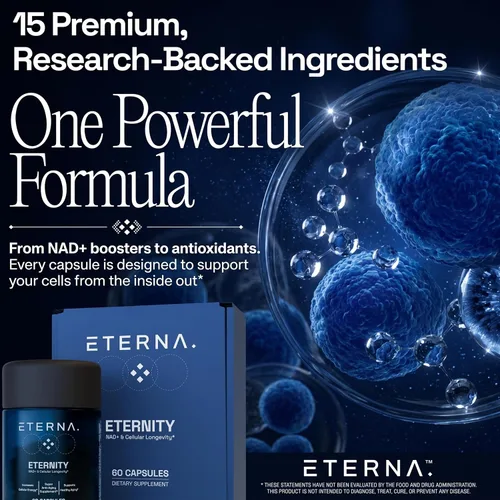 Vista 3 de Eternity NAD+ - Suplemento de resveratrol para hombres y mujeres, 1050 mg con 15 ingredientes avanzados para apoyo inmunológico, energía