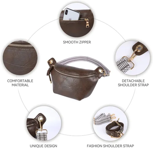 Vista 4 de Riñoneras para mujer, bolsos cruzados de moda, bolsos de pecho, bolso de cinturón con 2 correas ajustables, Marrón oscuro, Classic