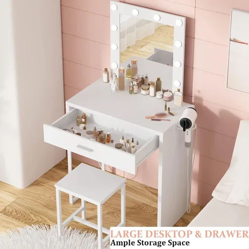 Vista 9 de Titoni Pequeño tocador de maquillaje con espejo y luces, escritorio blanco con silla, brillo ajustable, juego de mesa de maquillaje para dormitorio