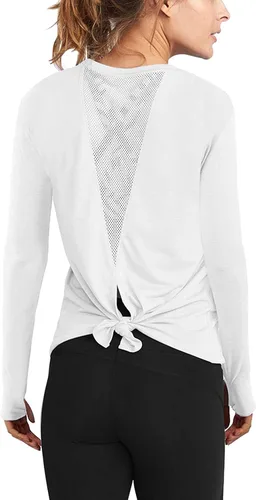 Vista 8 de Mippo Camisas de entrenamiento de manga larga para mujer, camisetas de yoga con espalda abierta, para correr, ropa atlética Rojo vino