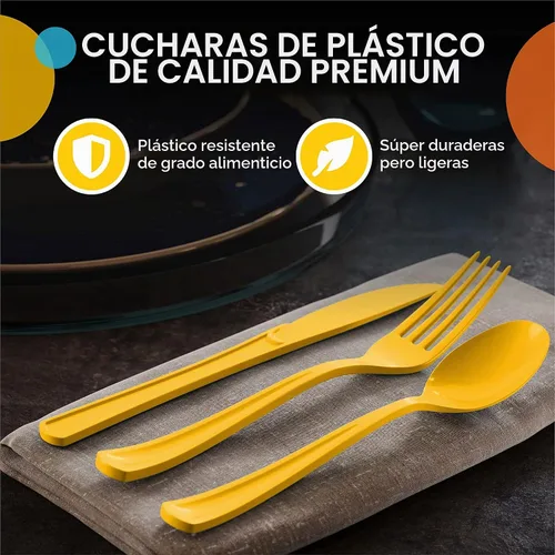 Vista 4 de Party Solids - Cubertería de plástico resistente, 200 piezas, cucharas desechables de plástico amarillas, cubiertos, cubiertos Amarillo