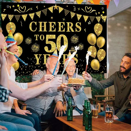 Vista 6 de Trgowaul Decoraciones de cumpleaños número 50/aniversario/boda para mujeres y hombres, pancarta de felicitación a los 50 años, fondo negro y dorado