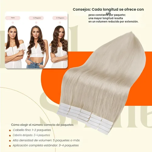 Vista 3 de Full Shine - Extensiones de cabello humano con cinta adhesiva invisible, 10 pulgadas, color liso rubio platinado 60, cabello lacio con cinta