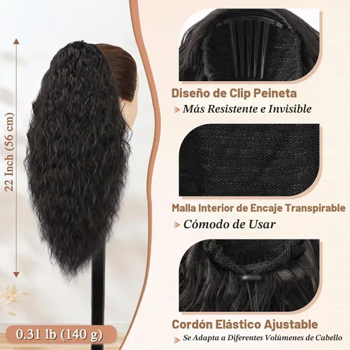 Vista 2 de BARSDAR Extensión de cola de caballo rizada ondulada con cordón negro marrón – 22 pulgadas de extensión de cabello sintético con peine de clip