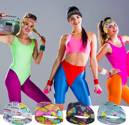 Vista 6 de 4 Pcs Retro Neon Head Wraps for Women, 80s 90s Style Bandana Headbands, Soft Yoga Sport Hairbands for Party, Hiking, Cycling, Running, Unisex