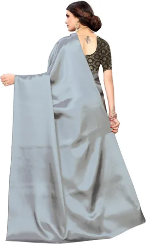 Vista 4 de Mithila Root Sari de seda de satén indio para mujer, patrón sólido, con pieza de blusa sin coser
