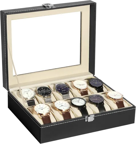 Vista 24 de Uten 12-Slot Watch Box, 2-Layers PU Leather Watch Case with Lock Negro