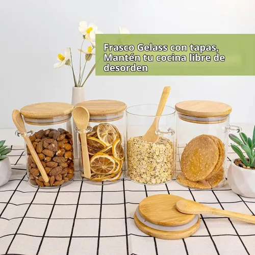 Vista 6 de Recipientes herméticos de almacenamiento de alimentos, frasco de vidrio con cuchara de madera y tapas, frascos de 20 oz para servir sal de baño