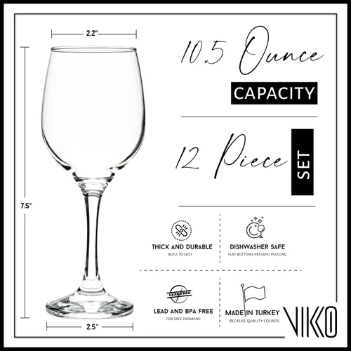 Vista 4 de Vikko Copas de vino blanco – Juego de 12 copas de vino transparentes de 10.5 onzas, estilo clásico europeo duradero