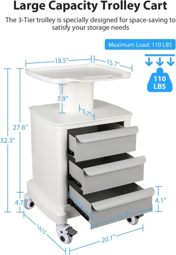Vista 2 de Carrito móvil para escáner portátil de imágenes por ultrasonido, carrito de almacenamiento de belleza, 110 libras, carga con 3 cajones, 4 ruedas
