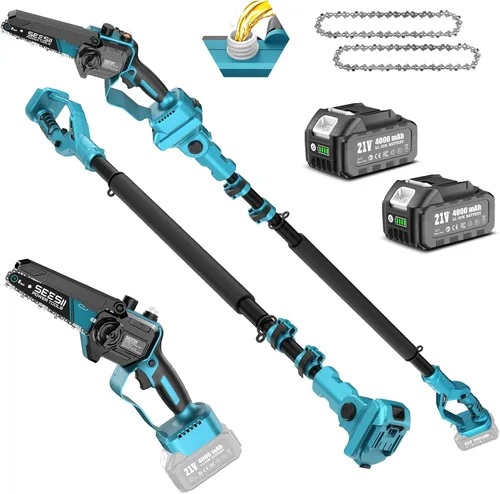 Vista 14 de SEESII Sierras de poste eléctricas 2 en 1 para recortar árboles, mini motosierra inalámbrica de 6 pulgadas con poste de extensión, sierra de cadena