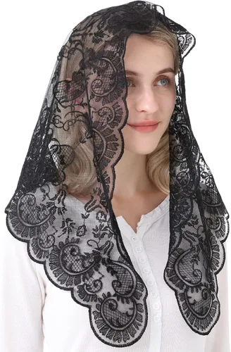 Vista 3 de católica misa capilla velo encaje cabeza cubriendo mujeres iglesia velo tamaño medio
