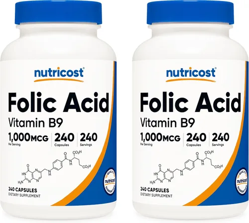 Vista 10 de Nutricost ácido fólico (Vitamina B9) 1000 mcg, 240 Cápsulas, 1 botella, 1