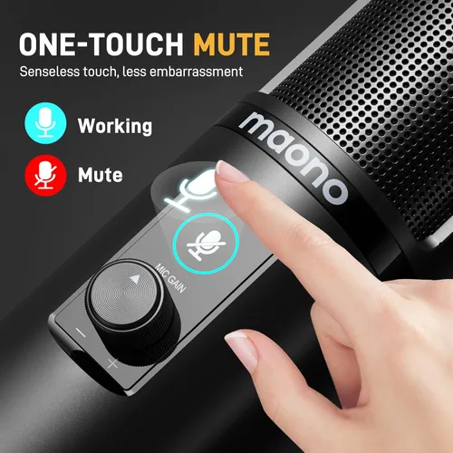 Vista 4 de Kit de micrófono de grabación USB MAONO, micrófono de condensador profesional para PC con silenciamiento táctil y perilla de ganancia de micrófono