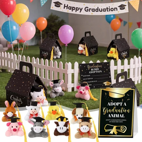 Vista 7 de Blueweenly Juego de 24 piezas de graduación de animales de granja, recuerdos de fiesta, mini juguetes de granja de felpa, tarjetas de adopción