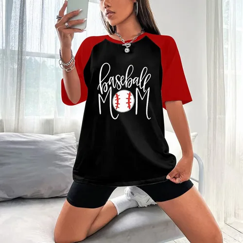 Vista 3 de Oggfader Womens Baseball Shirts Short Sleeve Crewneck Baseball Mom Print Pullover Top Slim Comfy Loose Blouse T Shirt
