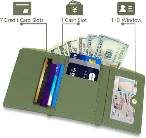 Vista 2 de Billetera triple para mujer, delgada para tarjetas de crédito, carteras de cuero con ventana de identificación, Verde, Trifold