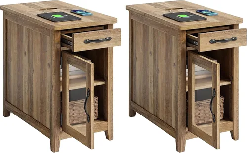 Vista 11 de LINSY HOME - Juego de mesas auxiliares de 2 piezas con estación de carga, mesa auxiliar moderna de estilo granja para sofá, mesa auxiliar de madera