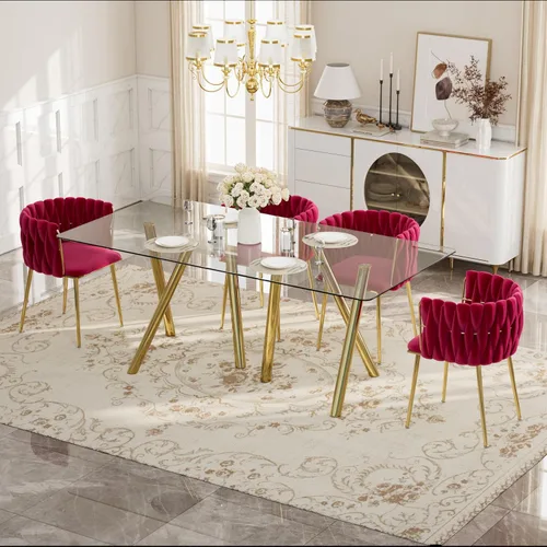 Vista 15 de Glam Style - Juego de mesa de comedor de 5 piezas para 4, mesa de comedor rectangular de vidrio templado de 51 pulgadas con base de metal dorado