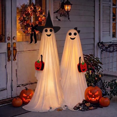 Vista 9 de Minetom 2 Pack Outdoor Halloween Ghost Decorations, Light Up Ghosts 2 witch hats