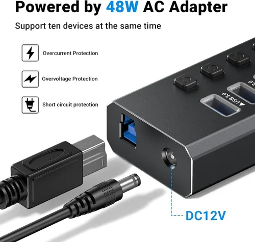 Vista 6 de Hub USB 3.0 alimentado de aluminio de 10 puertos USB 3.0 Hub de datos con adaptador de corriente de 12V/4A (48W) e interruptores individuales