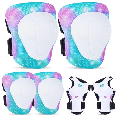 Vista 12 de FIODAY Rodilleras para niños, conjunto de equipo de protección ajustables para niños, rodilleras y coderas con protector de muñeca para niñas