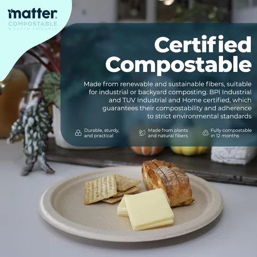 Vista 3 de Matter Platos de fibra compostables prémium de 6 pulgadas, paquete de 150, platos desechables biodegradables ecológicos resistentes para aperitivos