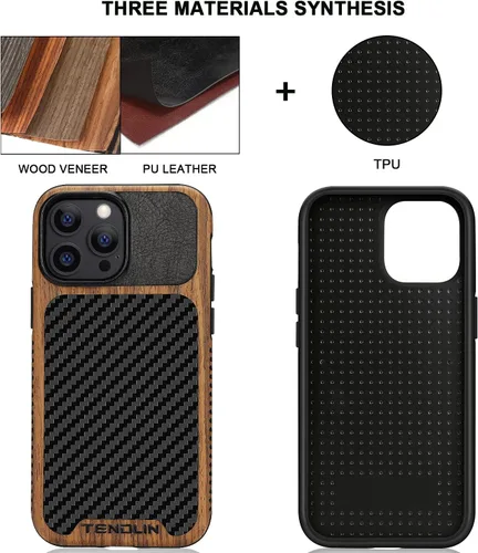 Vista 2 de TENDLIN Compatible con iPhone 13 Pro Max, funda de grano de madera con textura de fibra de carbono, funda híbrida de cuero compatible con iPhone 13