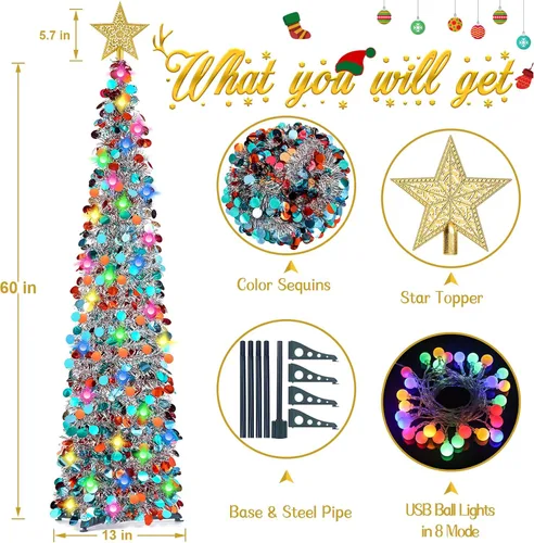 Vista 7 de RACPNEL Árbol de Navidad de oropel desplegable de 5 pies con luces LED, lentejuelas, adorno de árbol, árbol de Navidad plegable artificial