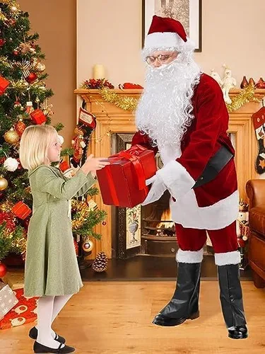 Vista 5 de Juego de disfraces de Papá Noel de lujo para hombre, 10 piezas, disfraz de Papá Noel, terciopelo clásico para adultos, traje de Papá Noel