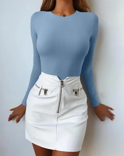 Vista 5 de OQQ Camiseta de manga larga de 3 piezas para mujer, cuello redondo, elástica, ajustada, con capas