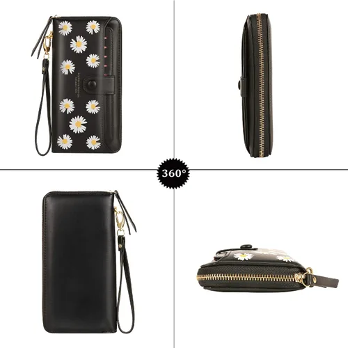 Vista 3 de Cartera de cuero para mujer, con bloqueo RFID, bolsillo con cremallera, tarjetero con ventana de identificación