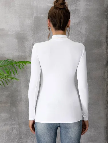 Vista 4 de MANGDIUP Camiseta básica de manga larga con cuello alto falso para mujer, sin mangas, ajustada