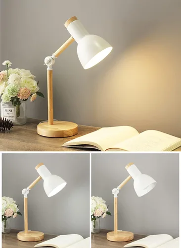 Vista 7 de Lámpara de escritorio moderna de madera con pantalla metálica ajustable - Lámpara de mesita de noche y negro para oficina, estudio, dormitorio