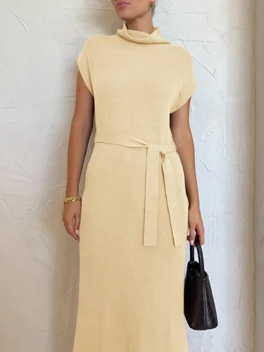 Vista 2 de Imily Bela Vestido de suéter de manga casquillo de cuello alto para mujer, tejido acanalado, abertura lateral, cintura con lazo en la cintura